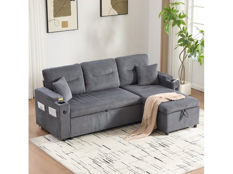  Canapé 3 places 212,5x136x86cm avec rangement, porte-verres et ports usb-c, confort et doux, velours côtelé gris carbone  - Conforama W