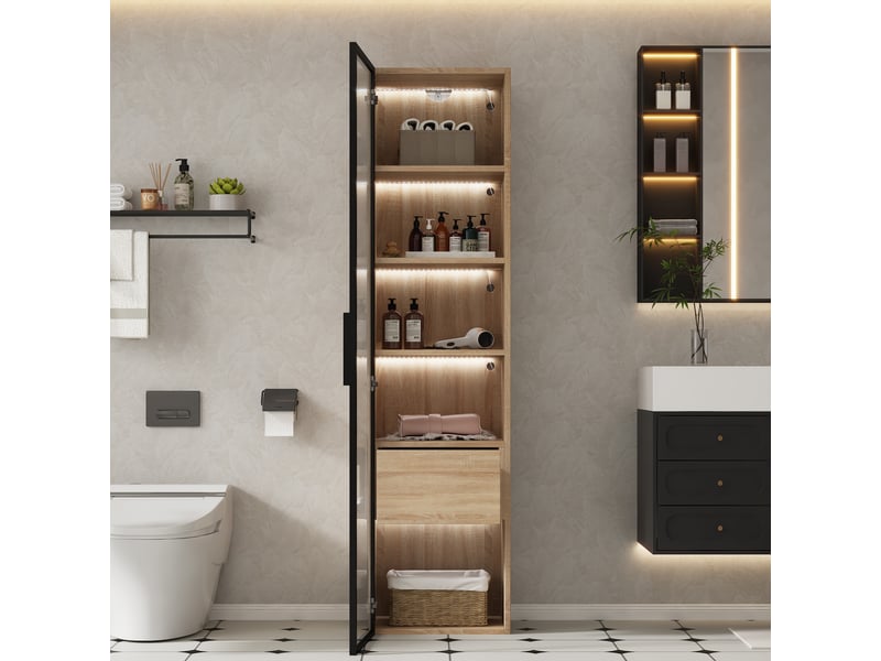  Meuble de salle de bain de 40 cm avec bande lumineuse, 1 grand tiroir et 1 porte vitrée  - Conforama E