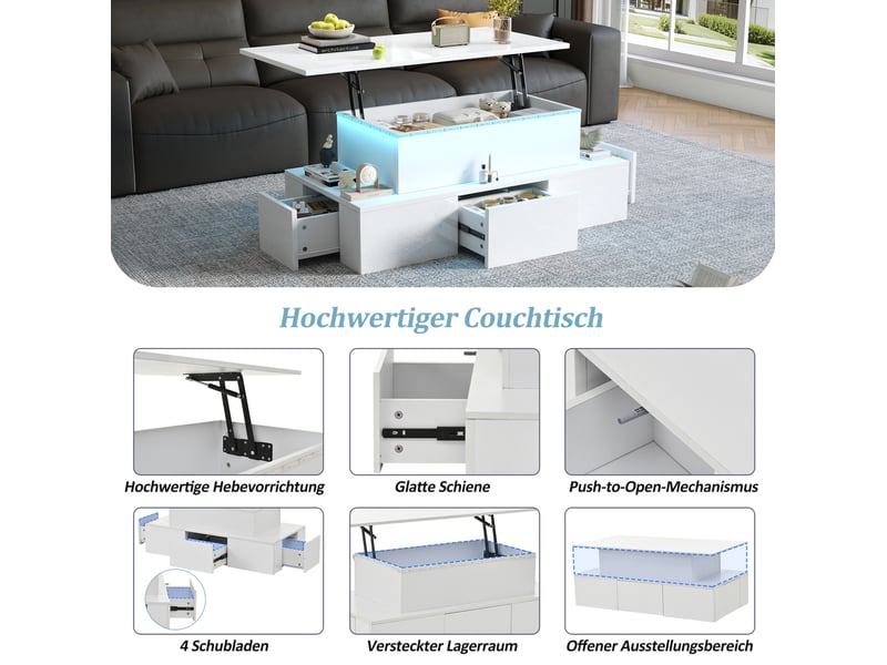  Table basse relevable avec 4 tiroirs, niche ouverte, led et rangement dissimulé pour salon, 100 × 50 × 40 cm  - Conforama E
