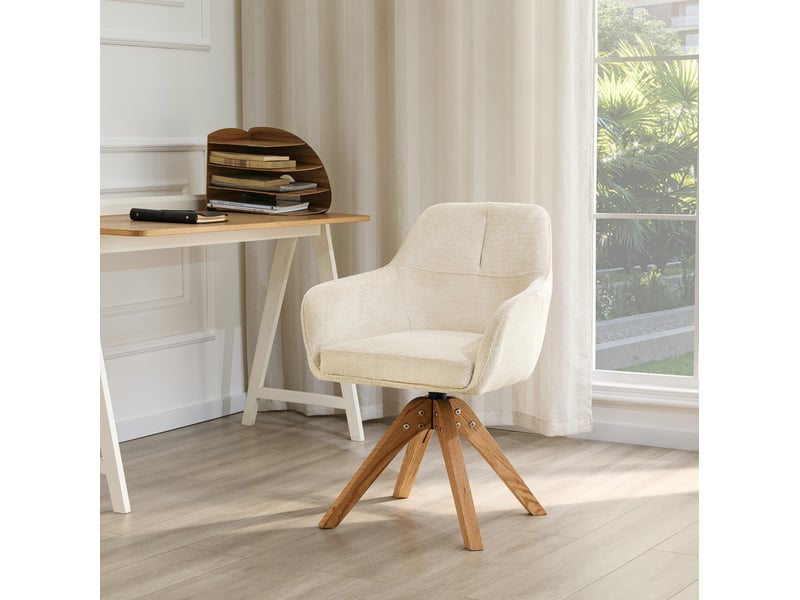 Chaise de salle à manger pivotante avec dossier ergonomique et accoudoirs, en tissu et bois, beige - Conforama C