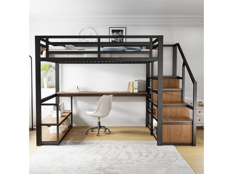  Lit mezzanine 140 x 200 cm avec escalier de rangement, étagères, bureau intégré et garde-corps, structure robuste en métal noir evarich - Conforama E