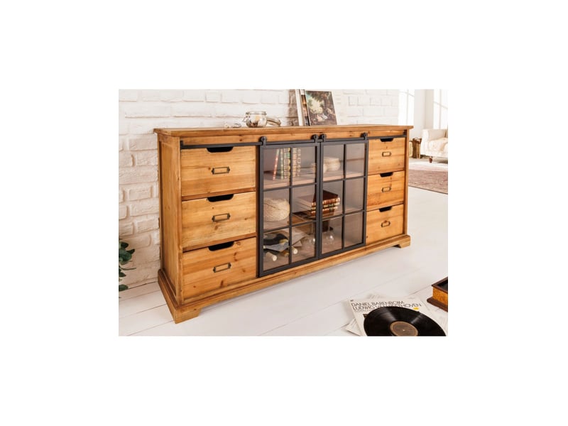 Buffet lumber 148 cm en bois de pin – 2 portes coulissantes vitrées et 6 tiroirs - Conforama B