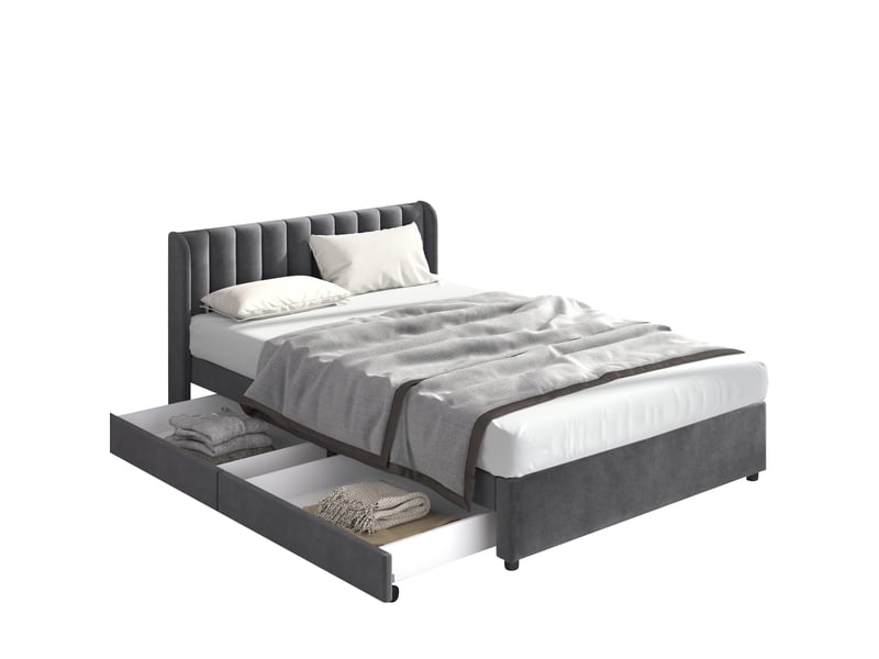  Lit rembourré 140 x 200 cm, sommier à lattes, dossier rembourré, 2 tiroirs de rangement, velours, gris Bliss Lite - Conforama A