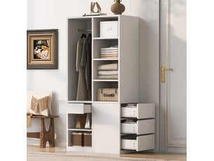 Armoire modenvie avec penderie, étagères ouvertes et tiroirs 70 x 50 x 170 cm blanc