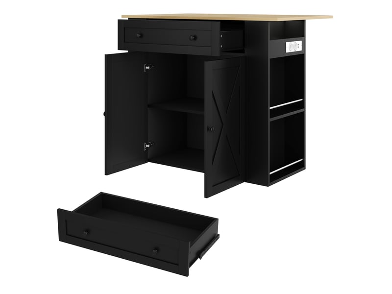  Îlot de cuisine 120x75x97 cm avec plateau rabattable en mdf noir, avec 2 portes, 1 tiroir, étagères latérales ouvertes et prises intégrées pour cuisine  - Conforama E