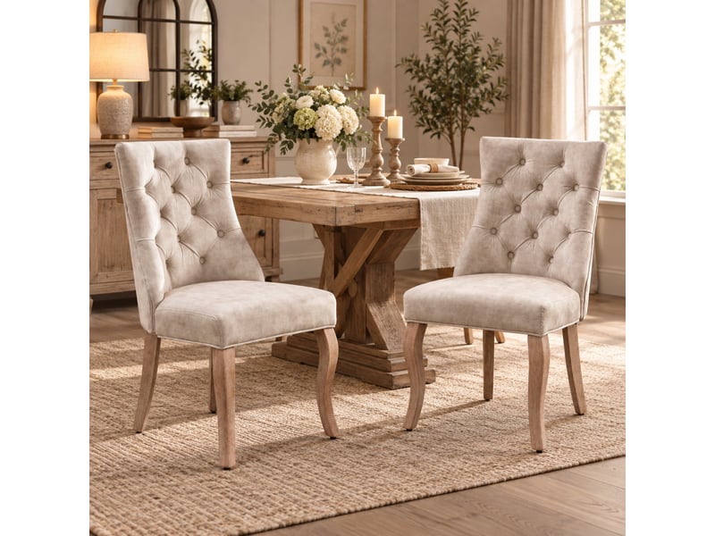  Lot de 2 chaises de salle à manger beige clair en velours, dossier capitonné, pieds en bois massif  - Conforama D