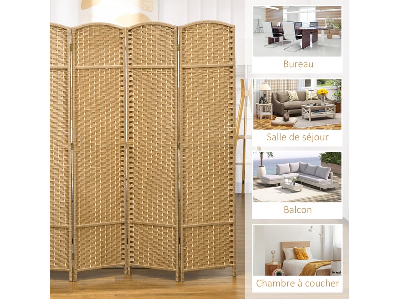  Paravent interieur en bois 4 panneaux 160 x 170 cm séparateur de pièce pliable pour salon, naturel, chambre à coucher  - Conforama W