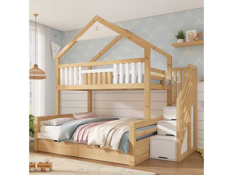 Lit superposé cabane enfant 90x200 + 140x200 cm - 2 couchages, escalier, toit pignon et 2 tiroirs - bois, mdf et contreplaqué - blanc et chêne CozyNest - Conforama E