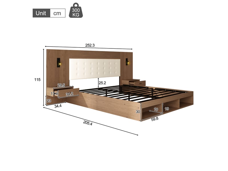  Lit double,180 x 200 cm,avec station de recharge usb &amp; type-c et lampe de lecture, avec 2 tables de chevet, couleur bois noyer  - Conforama C