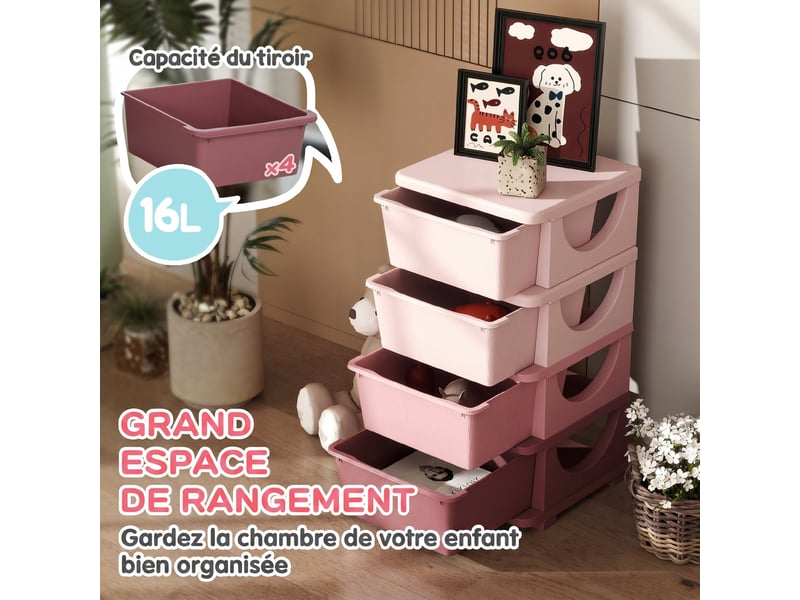  Organisateur de jouets pour enfants avec 4 tiroirs à 4 niveaux, boîtes de rangement en plastique, rose, 37 x 37 x 76 cm  - Conforama A