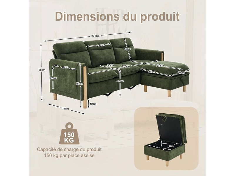  Canapé d'angle 3 places en chenille vert avec pouf de rangement et méridienne réversible - style nordique  - Conforama C