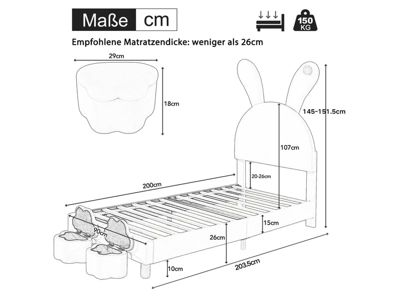  Lit 1 place 90x200 cm avec led, rangement et oreilles de lapin rose  - Conforama E