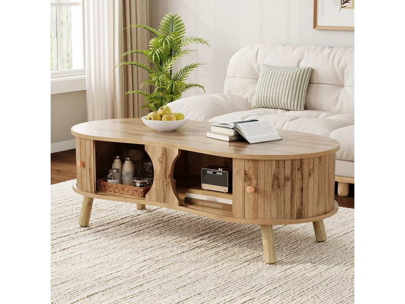 Table basse forme haricot 108x50x37 cm - 2 portes coulissantes - rangement intrieur - pieds bois massif - structure mdf - bois naturel Bubbly Shop - Conforama D