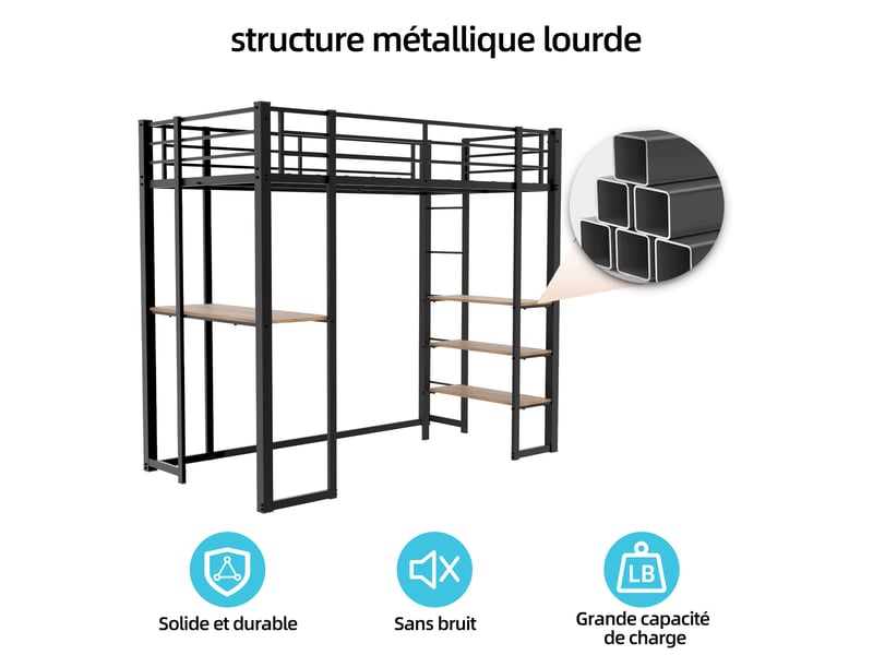  Lit mezzanine en fer 90×190 cm, bureau intégré, escalier et garde-corps, rangement sous couchage, à assembler  - Conforama D