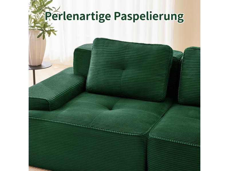  Canapé d'angle convertible 3 places avec 3 hockers, tissu velours côtelé vert, design moderne sans pieds pour salon  - Conforama W