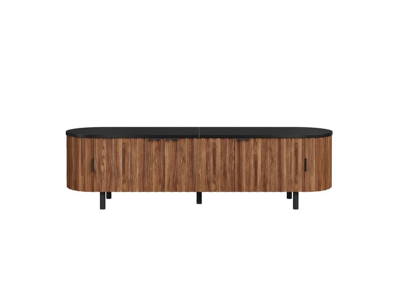  Meuble tv en mdf bois foncé, 5 portes, façade rainurée et côtés arrondis, pieds et poignées en métal  - Conforama A