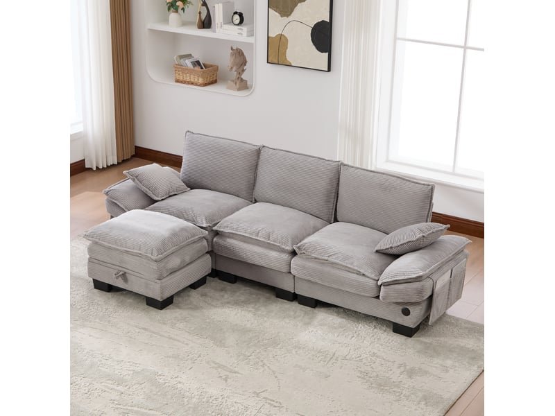 Canapé modulable 3 places en velours côtelé gris clair avec pouf de rangement - Conforama D
