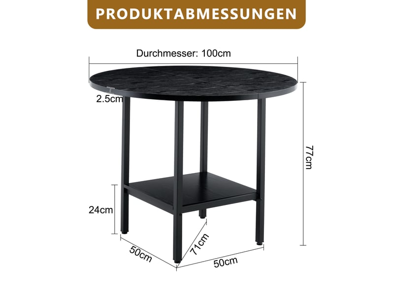 Table de salle à manger ronde, 100x100x77 cm, moderne espace de rangement 4, plateau mdf, piètement métal, coloris noir - Conforama C