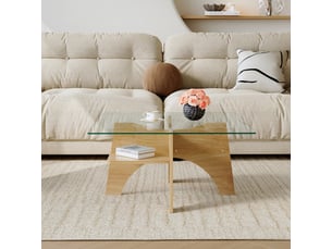 Table basse carré 80×80×40 cm, mdf et verre, bois et transparent