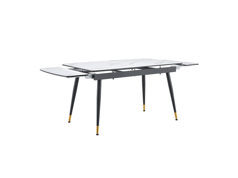  Table à manger extensible 140-200 cm avec plateau en céramique aspect marbre, piètement métal noir et embouts dorés  - Conforama A
