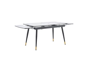 Table à manger extensible 140-200 cm avec plateau en céramique aspect marbre, piètement métal noir et embouts dorés