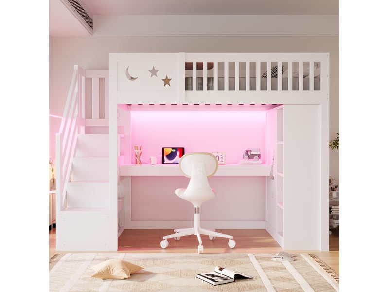 Lit mezzanine modenvie 90 x 200 cm avec bureau, rangements, led et prises blanc - Conforama E