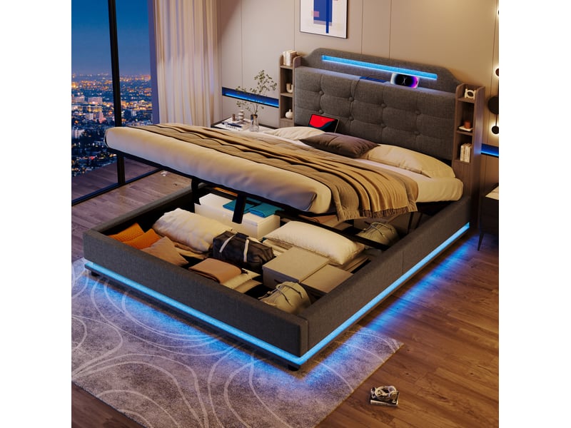  Lit coffre 140x200 cm gris avec bandeau led, usbtype-c et rangement hydraulique  - Conforama D
