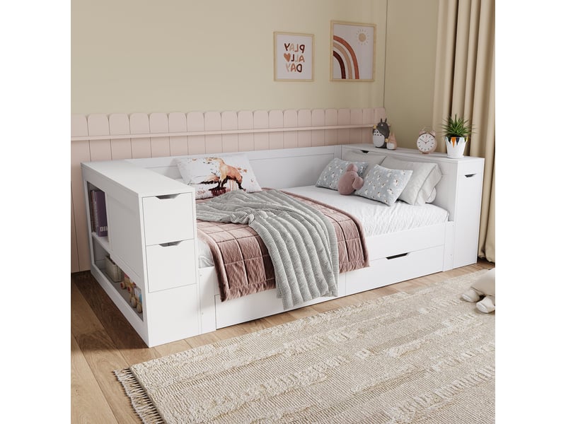  Lit enfant 90x200 lit banquette avec rangement tiroirs et table de chevet mdf blanc  - Conforama D