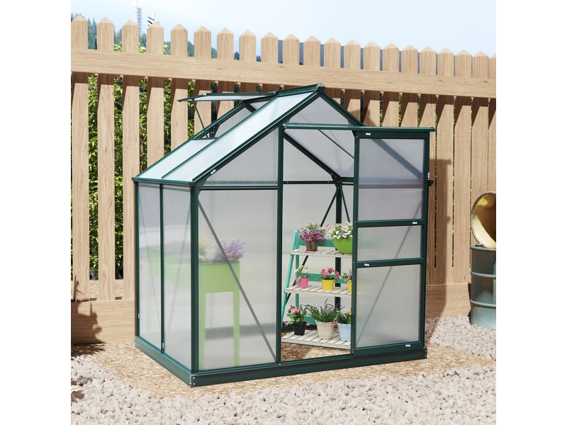  Serre de jardin polycarbonate 190 x 132 x 201 cm résistant aux uv 30+ fondation renforcé gouttière vert foncé  - Conforama D