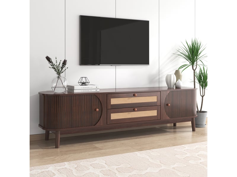  Meuble tv 170 cm  – portes + tiroirs en rotin -  style campagne  – bois naturel - buffet bas et table tv moderne  - Conforama E