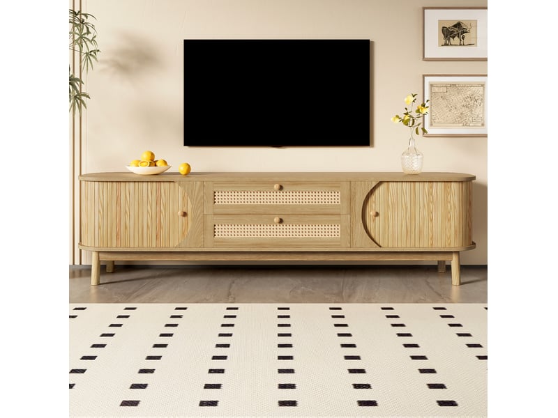 Meuble tv 170 x 39,5 x 46 cm avec portes coulissantes et tiroirs en rotin  - Conforama D
