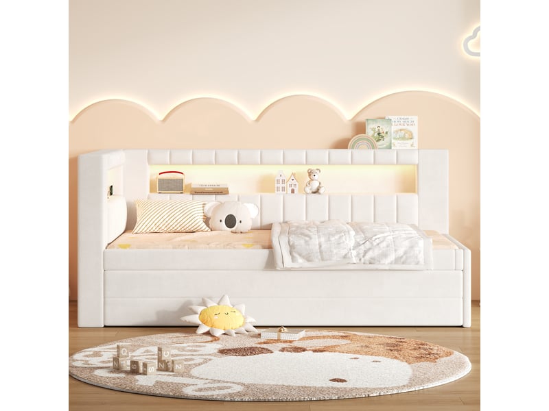 Lit banquette simple 90×200 cm avec lit gigogne, 3 tiroirs, led réglable et usb - okmyhome- blanc, sans matelas  - Conforama B