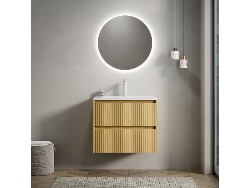 Meuble sous vasque suspendu avec 2 tiroirs et lavabo en céramique pour salle de bain, 61 cm, chêne doré et blanc - Conforama C