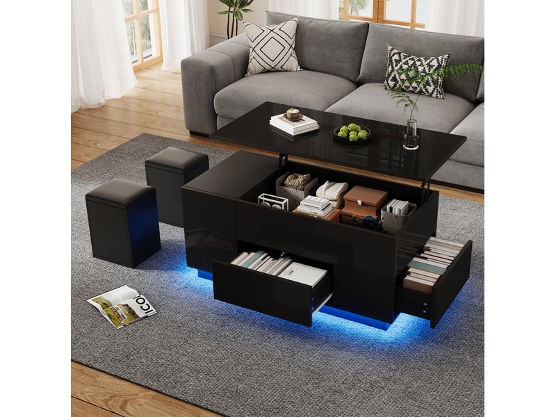  Table basse relevable 4en1 100x50x45-59 cm rangement led 2 tiroirs 2tabourets laqué panneau particules noir  - Conforama E