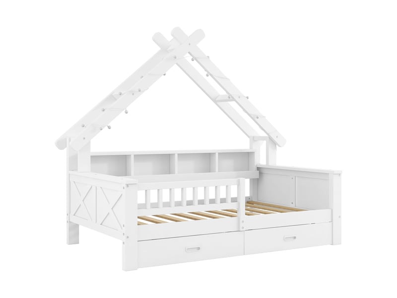  Lit cabane 90 × 200 cm, 2 tiroirs et étagères, éclairage led, barrières et structure en pin, mdf et contreplaqué, blanc  - Conforama A