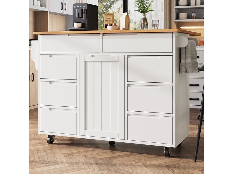  Îlot de cuisine 122x46(74,5)x91,5 cm avec 8 tiroirs et plateau pliable, bois et blanc  - Conforama W