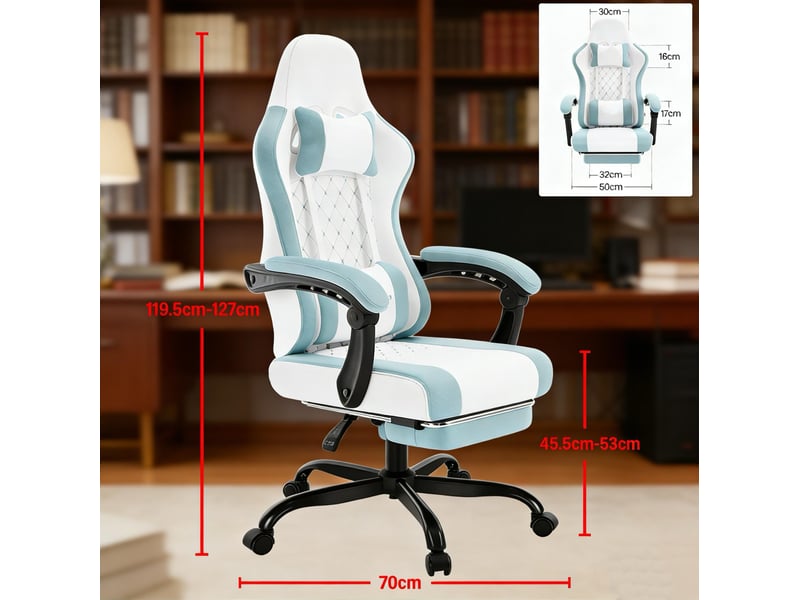  Chaise de bureau ergonomique pivotante avec massage lombaire, dossier inclinable, en mesh bleu et blanc  - Conforama E