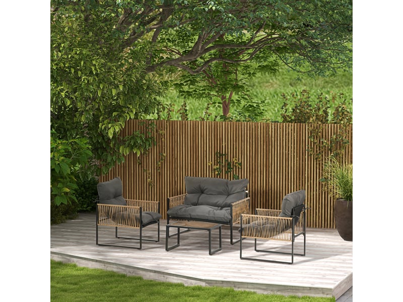  Salon de jardin,106x70x72 cm,4 pièces avec table en verre,résine tressée,gris foncé  - Conforama B