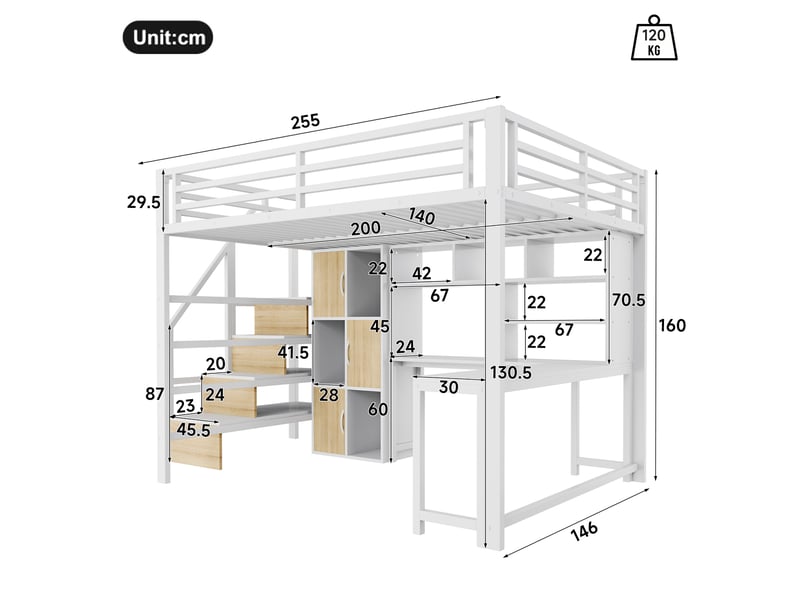 Lit mezzanine 140 x 200 cm avec bureau, led et escalier avec rangement, lit double en métal blanc avec étagères et placards intégrés - Conforama D