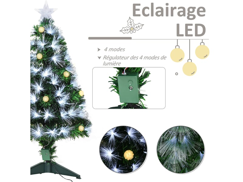  Sapin de noël artificiel lumineux 90h cm fibre optique led + support pied 90 branches étoile sommet brillante vert + 14 ampoules  - Conforama R