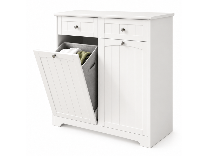  Meuble de salle de bain et buanderie sur pied 78x38x90 cm avec panier à linge basculant, 2 tiroirs, 2 sacs à linge amovibles, mdf - blanc  - Conforama A
