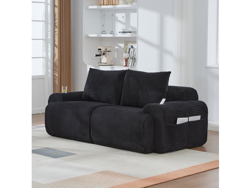  Canapé modulaire 2 places avec porte-gobelets et poche latérale en velours côtelé noir  - Conforama C