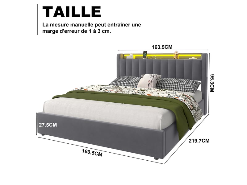  Lit coffre ulevr 160x200 cm avec led et port usb, cadre rembourré en velours gris foncé  - Conforama C
