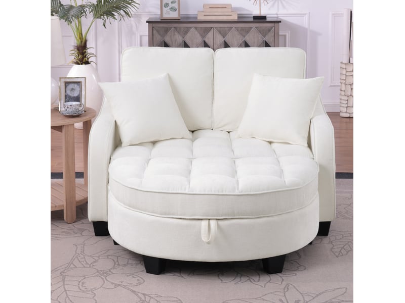  Canapé 1 place convertible 2-en-1 139,5x129,5x93 cm, pouf de rangement intégré, cadre en eucalyptus, chenille beige  - Conforama W