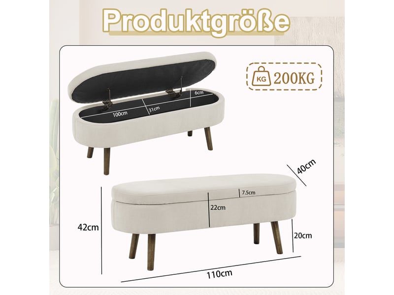  Banc coffre en chenille et bois massif beige 110×40×42 cm, rangement 20 l, forme arrondie, pieds en bois  - Conforama C