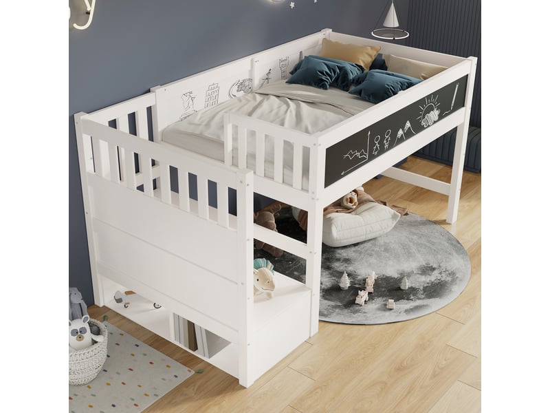  Lit mezzanine enfant 90x200cm- lit mi-hauteur - tableau noirblanc - escalier rangement réversible - garde-corps - lattes - blanc  - Conforama C