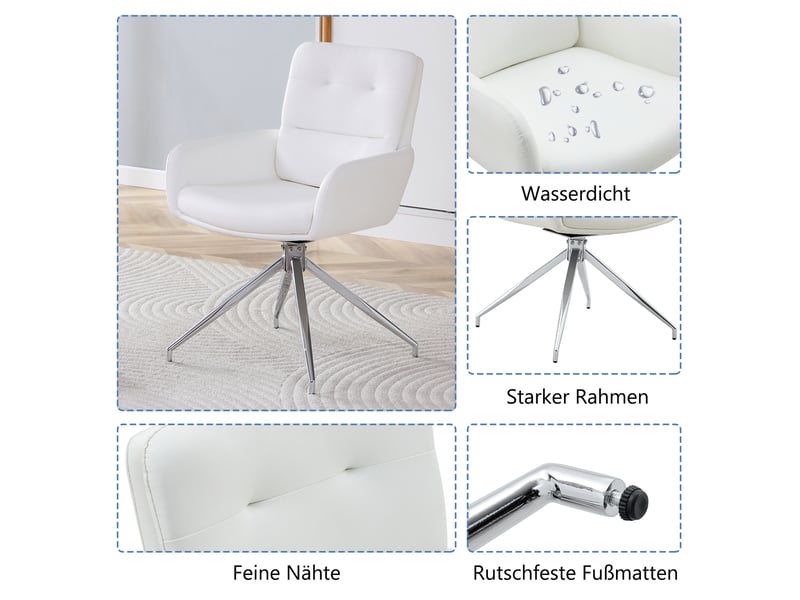  Lot de 2 chaises de salle à manger pivotantes,55x50x85 cm,pu et métal argenté,blanc  - Conforama D