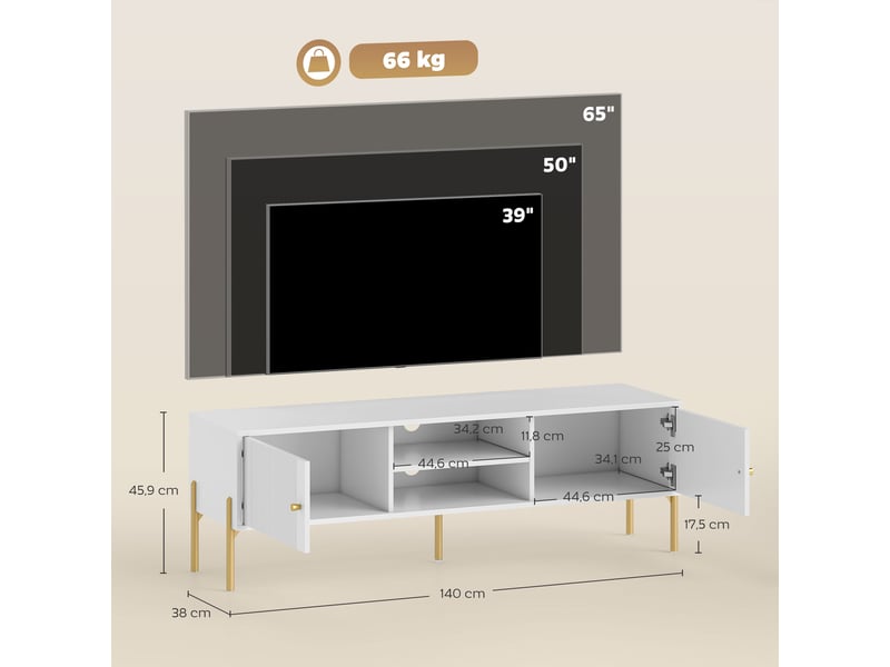  Meuble tv 2 portes 2 compartiments ouverts pieds en acier blanc 140 x 38 x 45,9 cm  - Conforama C