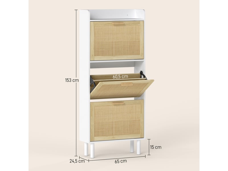  Meuble à chaussures 3 portes abattants étagère effet résine tressée design bohème 65 x 24,5 x 153 cm blanc  - Conforama D