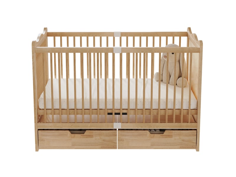  Lit bébé à barreaux 146x75x100 cm couchage 140x70 cm 4 hauteurs 2 tiroirs à roulettes bois naturel sans matelas  - Conforama A
